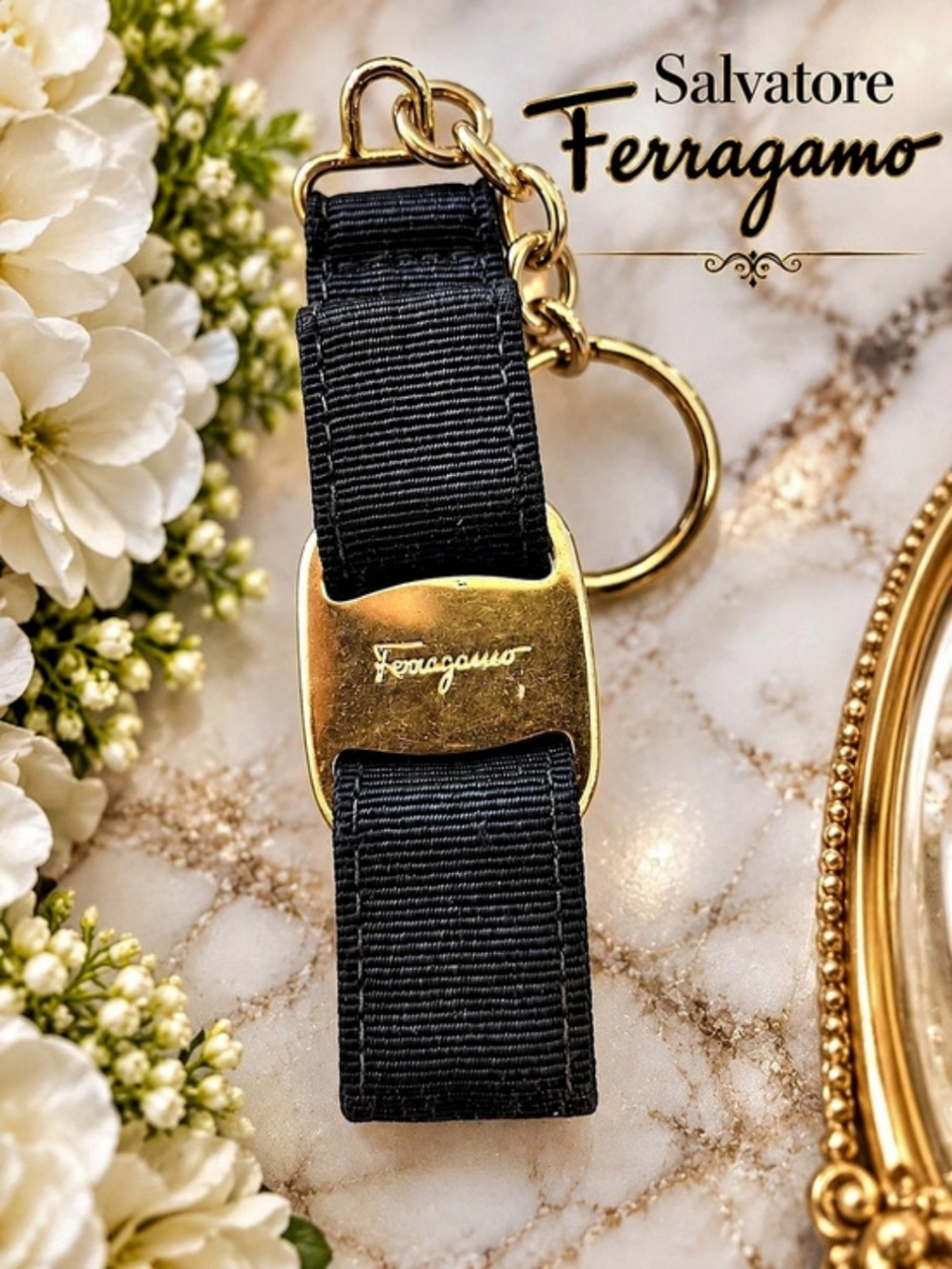 Salvatore Ferragamo Black Grosgrain Gold Key Ring Key Fob Bag Charm